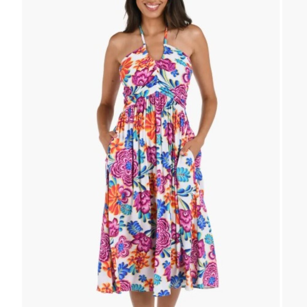 La Blanca Paradiso Halter Midi Cover-Up Sundress M Floral Pockets